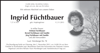 Traueranzeige von Ingrid Füchtbauer von Pegnitz-Zeitung